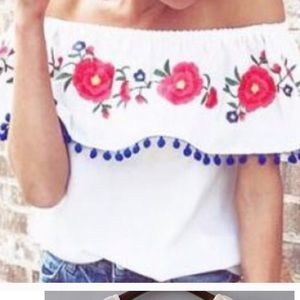 Mexican Flair Pom Pom Floral Blouse/ Off shoulder